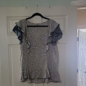 Vagabond Floral Ruffle Sleeve Blouse in Blue and Cream